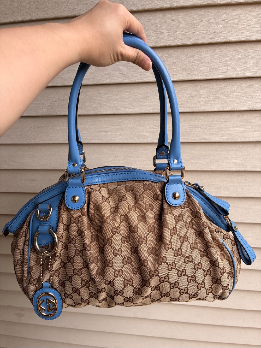 Gucci Beige GG Canvas Satchel with Blue Leather Trim